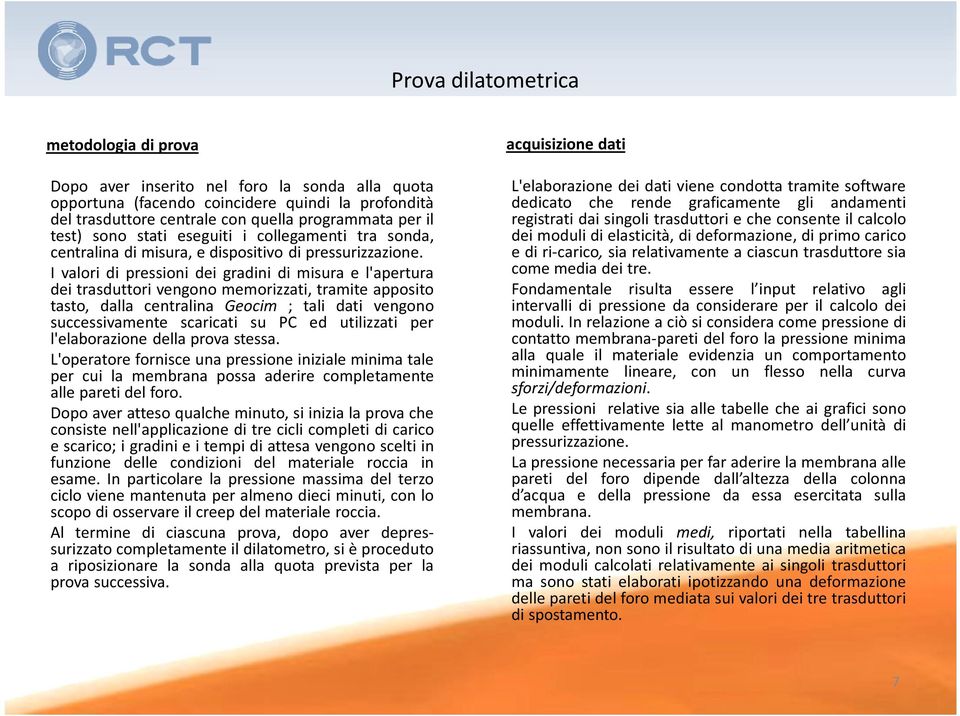 I valori di pressioni dei gradini di misura e l'apertura dei trasduttori vengono memorizzati, tramite apposito tasto, dalla centralina Geocim ; tali dati vengono successivamente scaricati su PC ed