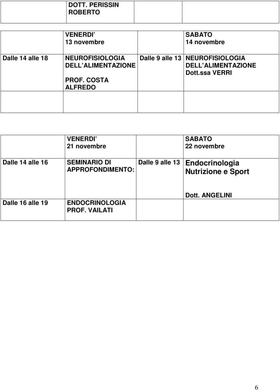 COSTA ALFREDO 14 novembre Dalle 9 alle 13 NEUROFISIOLOGIA DELL ALIMENTAZIONE Dott.