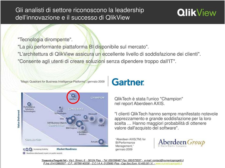 "Magic Quadrant for Business Intelligence Platforms", gennaio 2009 QlikTech è stata l'unico "Champion" nel report Aberdeen AXIS.