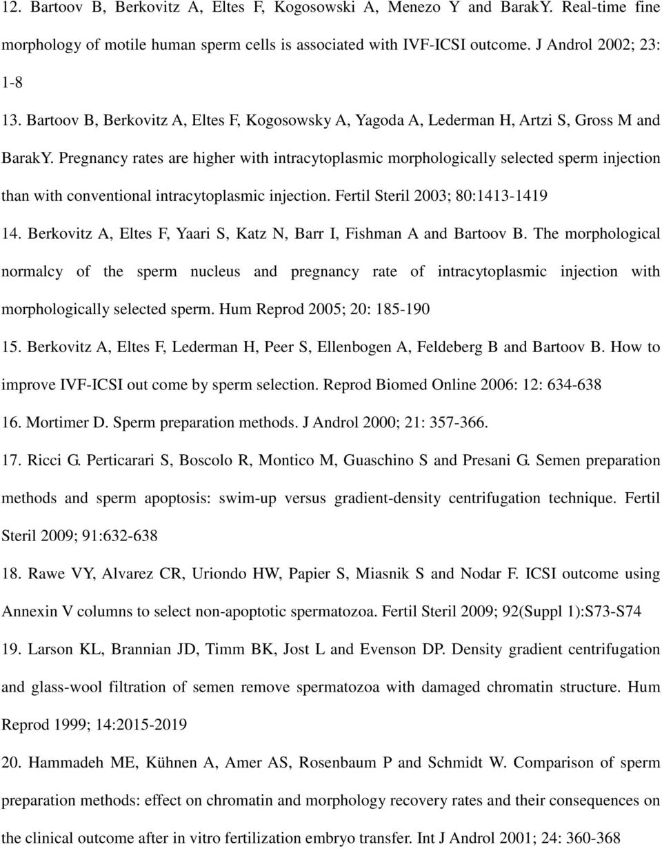 Pregnancy rates are higher with intracytoplasmic morphologically selected sperm injection than with conventional intracytoplasmic injection. Fertil Steril 2003; 80:1413-1419 14.