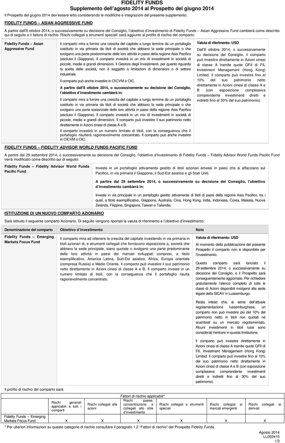 descritto qui di seguito e il fattore di rischio Rischi collegati a strumenti speciali sarà aggiunto al profilo di rischio del comparto: Fidelity Funds Asian Aggressive Fund Il comparto mira a