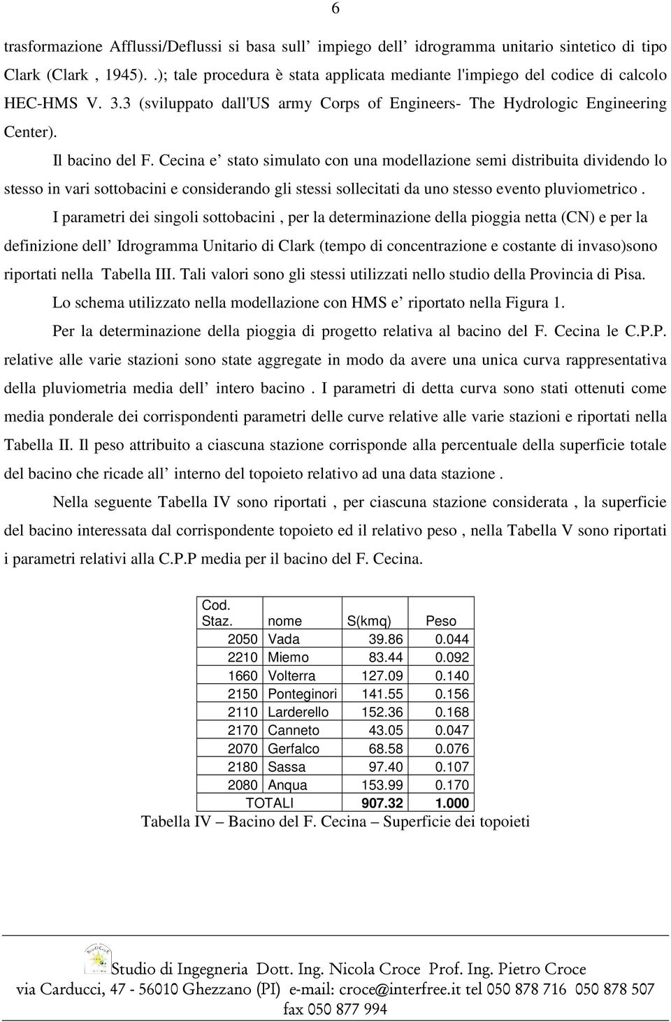 Cecina e stato simulato con una modellazione semi distribuita dividendo lo stesso in vari sottobacini e considerando gli stessi sollecitati da uno stesso evento pluviometrico.