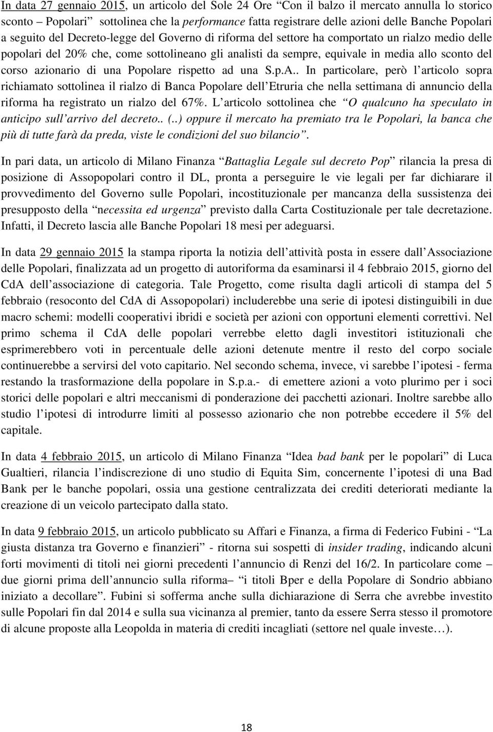 corso azionario di una Popolare rispetto ad una S.p.A.