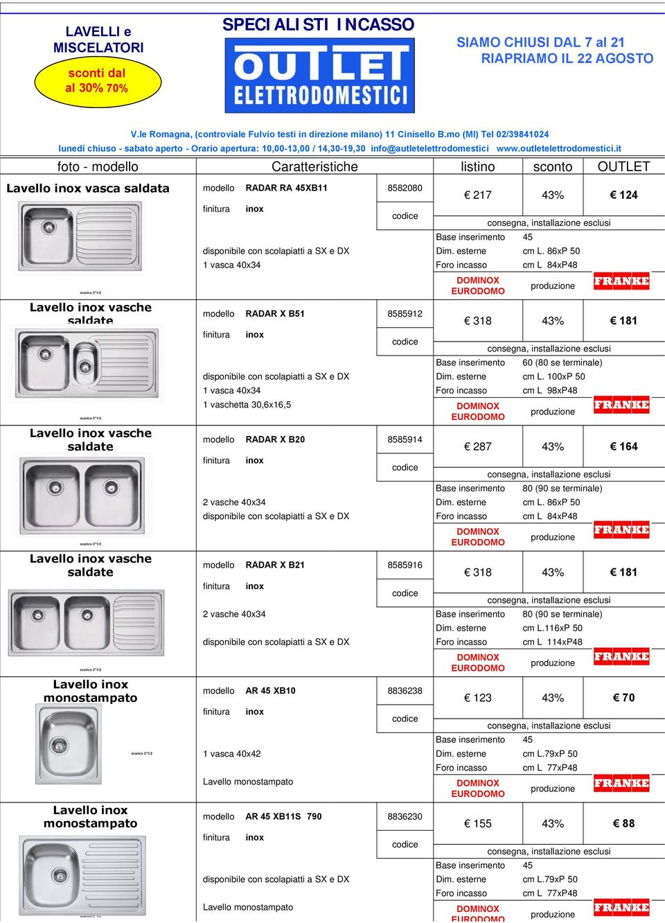 86xP 50 1 vasca 40x34 RADAR X B51 disponibile con scolapiatti a SX e DX Dim. esterne cm L.