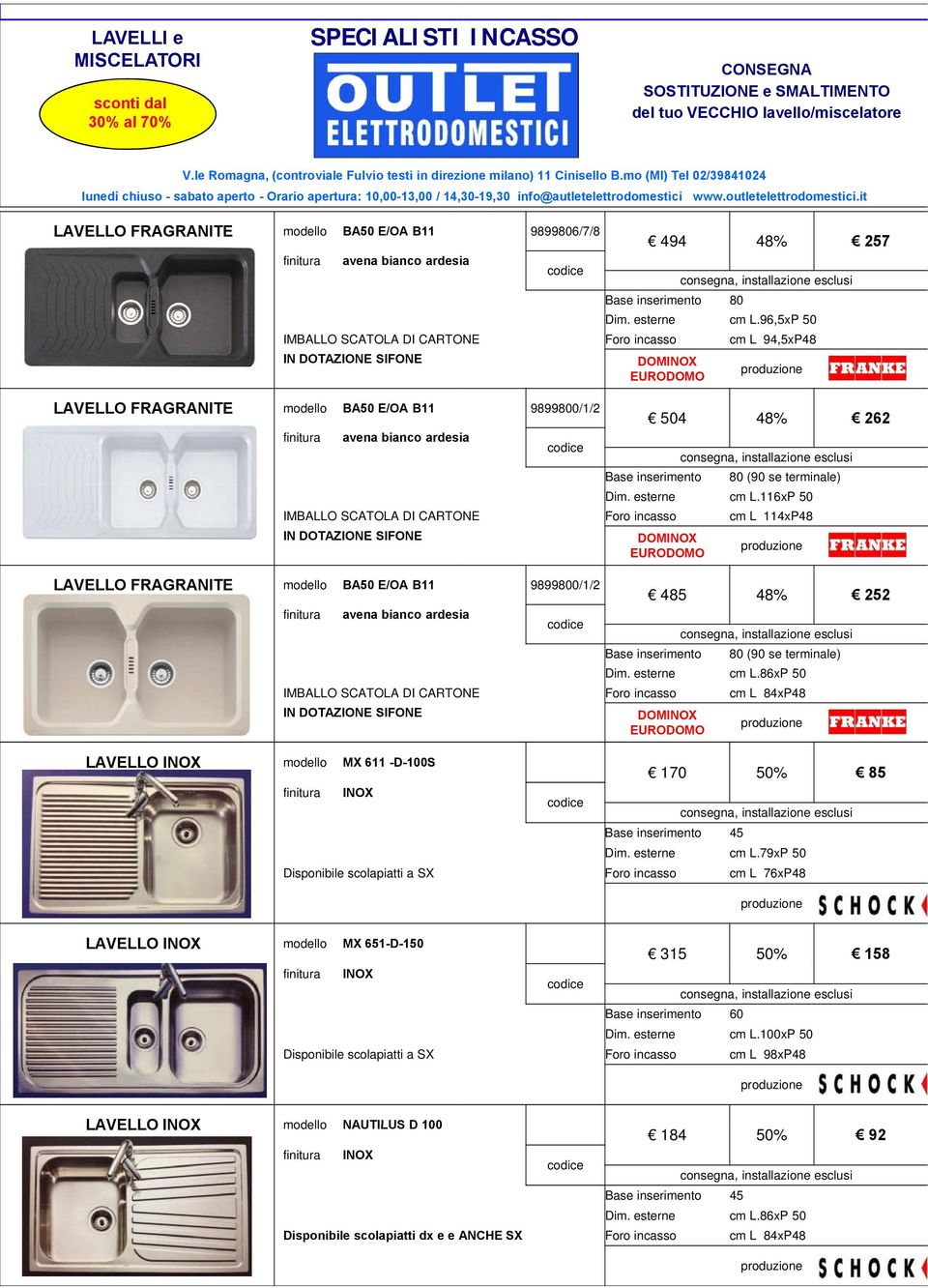 esterne cm L.116xP 50 485 48% 252 (90 se terminale) IMBALLO SCATOLA DI CARTONE IN DOTAZIONE SIFONE LAVELLO INOX MX 611 -D-100S INOX Disponibile scolapiatti a SX 170 50% 85 Dim. esterne cm L.