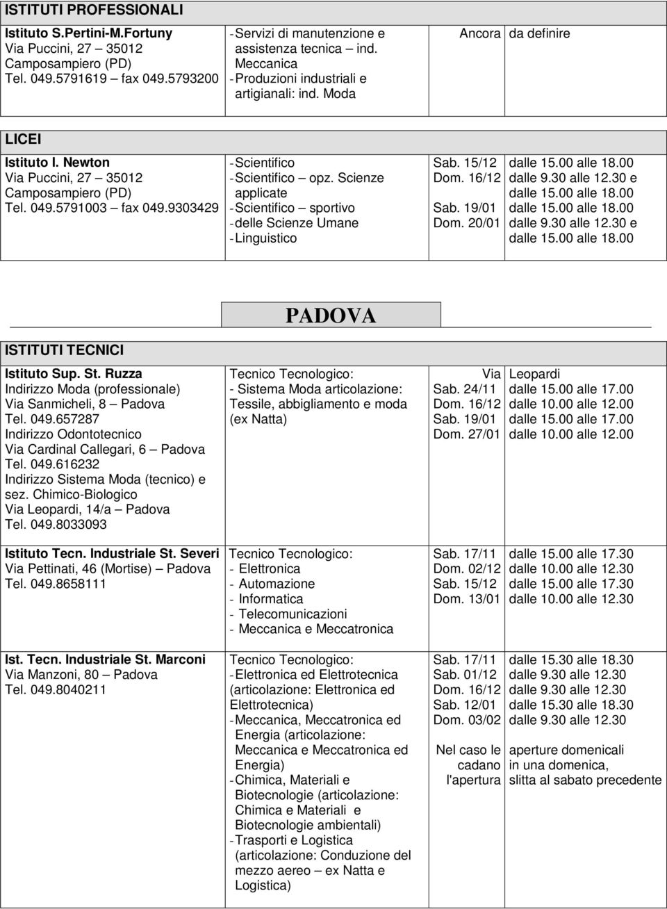 Scienze sportivo - delle Scienze Umane dalle 9.30 alle 12.30 e dalle 9.30 alle 12.30 e ISTITUTI TECNICI Istituto Sup. St. Ruzza Indirizzo Moda (professionale) Via Sanmicheli, 8 Padova Tel. 049.