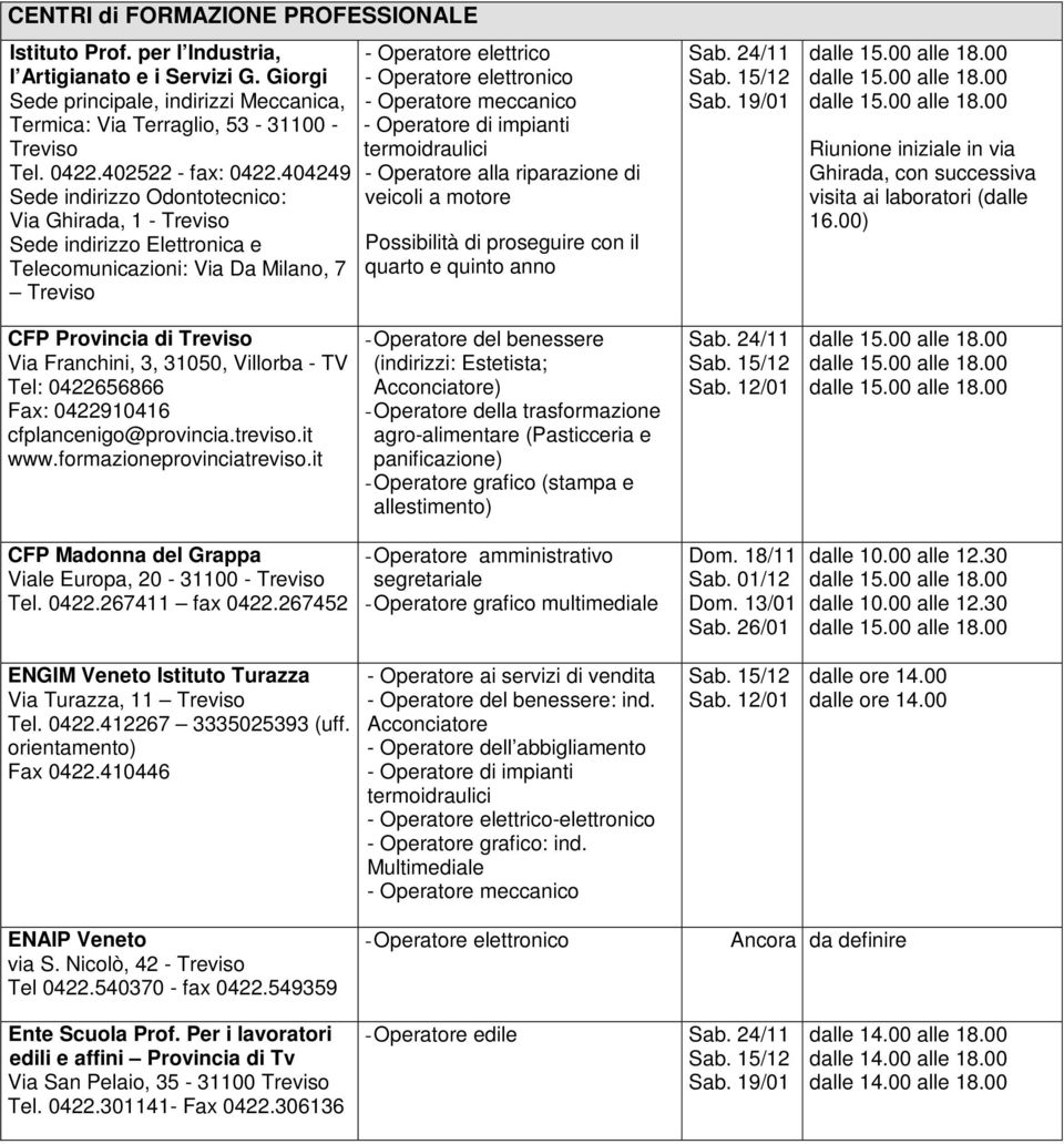 404249 Sede indirizzo Odontotecnico: Via Ghirada, 1 - Treviso Sede indirizzo Elettronica e Telecomunicazioni: Via Da Milano, 7 Treviso - Operatore elettrico - Operatore elettronico - Operatore