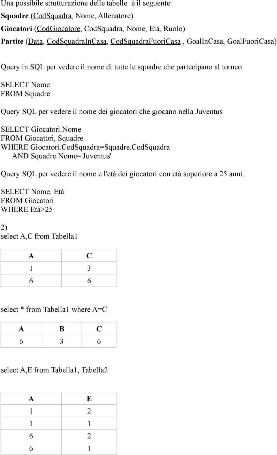 giocano nella Juventus SELECT Giocatori.Nome FROM Giocatori, Squadre WHERE Giocatori.CodSquadra=Squadre.CodSquadra AND Squadre.