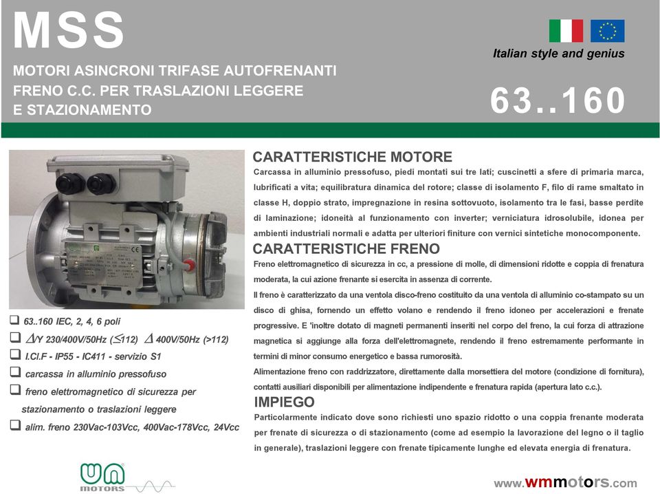 freno 230Vac-103Vcc, 400Vac-178Vcc, 24Vcc CARATTERISTICHE MOTORE Carcassa in alluminio pressofuso, piedi montati sui tre lati; cuscinetti a sfere di primaria marca, lubrificati a vita; equilibratura