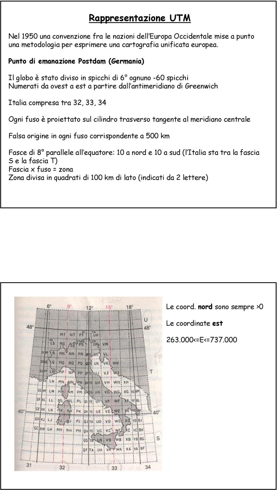 32, 33, 34 Ogni fuso è proiettato sul cilindro trasverso tangente al meridiano centrale Falsa origine in ogni fuso corrispondente a 500 km Fasce di 8 parallele all equatore: 10 a nord e