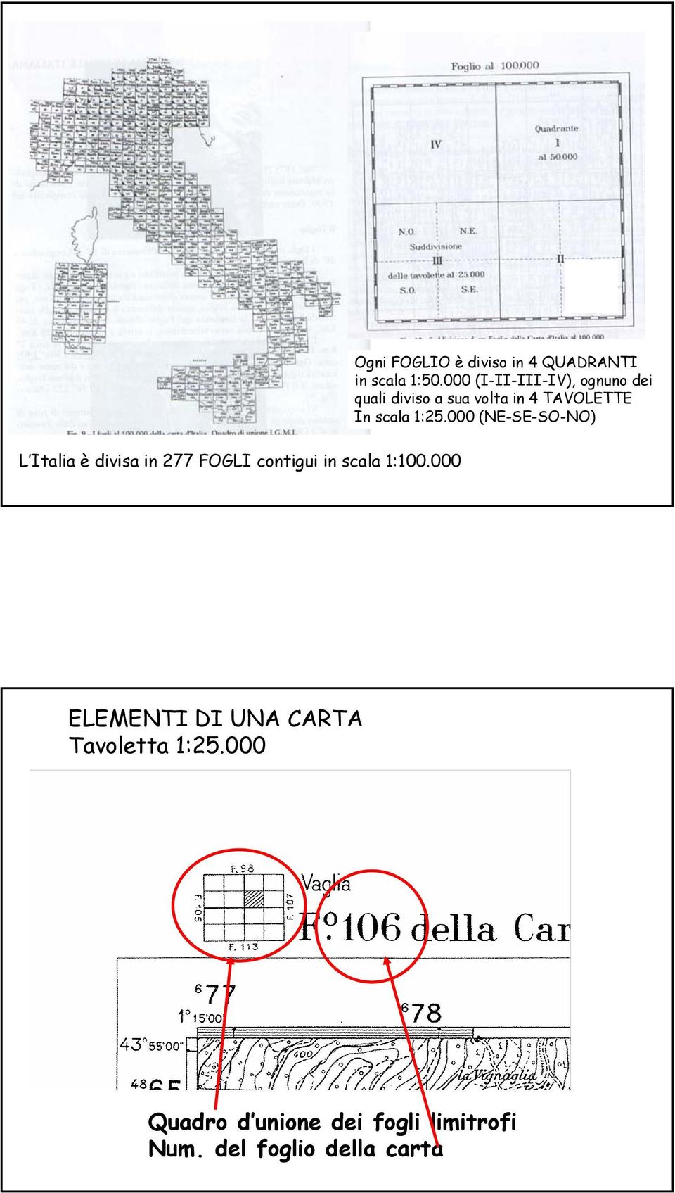 1:25.000 (NE-SE-SO-NO) L Italia è divisa in 277 FOGLI contigui in scala 1:100.