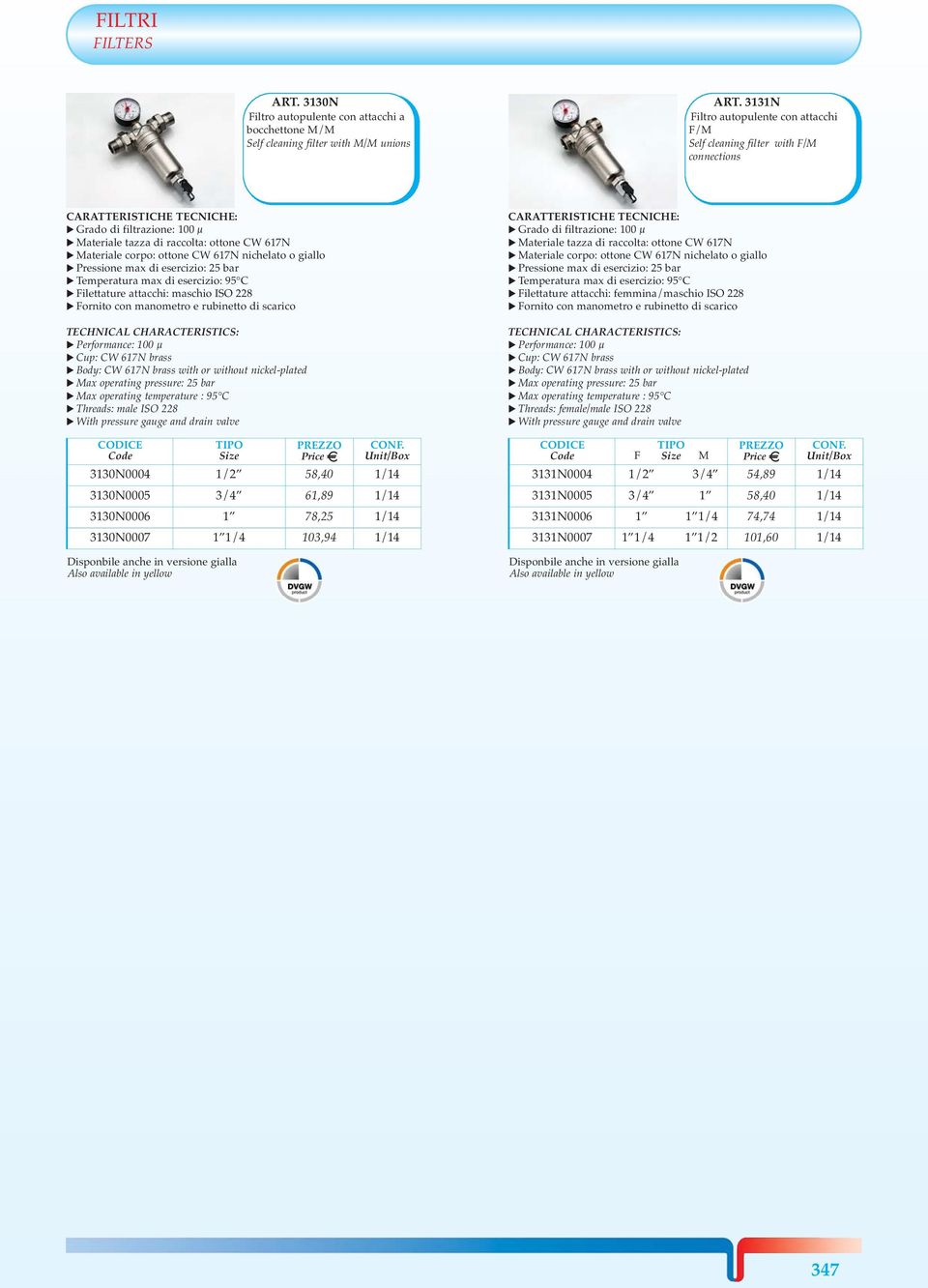 esercizio: 25 bar Temperatura max di esercizio: 95 C Filettature attacchi: maschio ISO 228 Fornito con manometro e rubinetto di scarico Performance: 100 μ Cup: CW 617N brass with or without