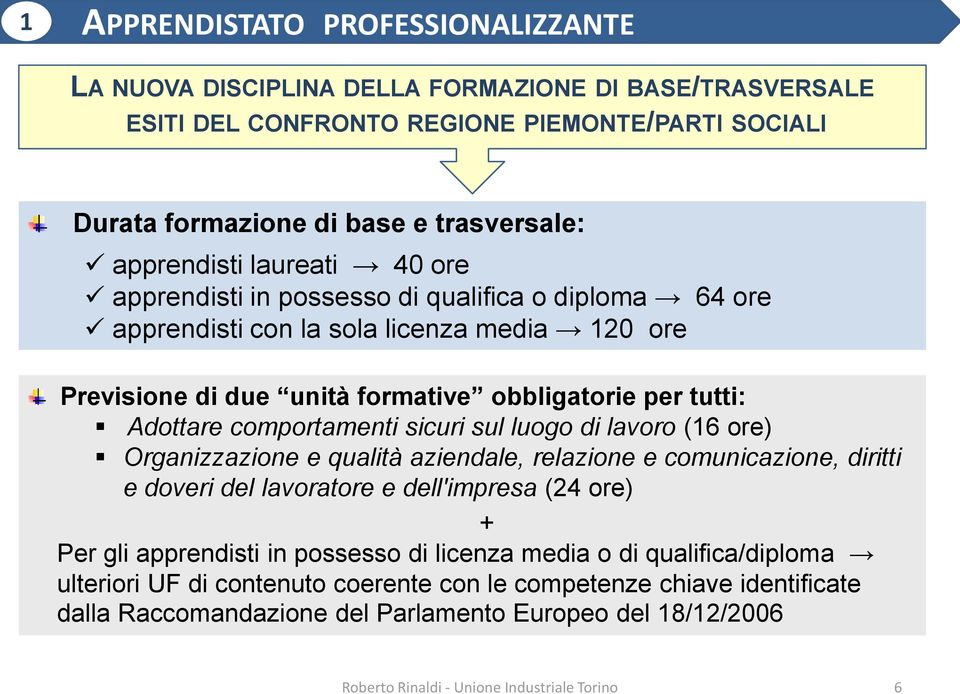 sicuri sul luogo di lavoro (16 ore) Organizzazione e qualità aziendale, relazione e comunicazione, diritti e doveri del lavoratore e dell'impresa (24 ore) + Per gli apprendisti in possesso di licenza