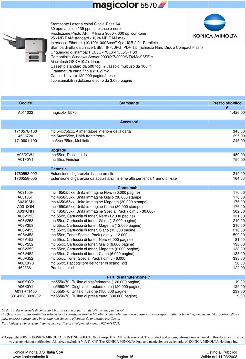 5 (richiesto Hard Disk o Compact Flash) Linguaggio di stampa: PCL5E -PCL6 -PCL5C- PS3 Compatibile Windows Server 2003/P/2000/NT4/Me/98SE e Macintosh OS v10.