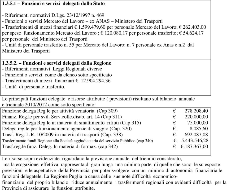 403,00 per spese funzionamento Mercato del Lavoro ; 120.080,17 per personale trasferito; 54.624,17 per personale del Ministero dei Trasporti - Unità di personale trasferito n.