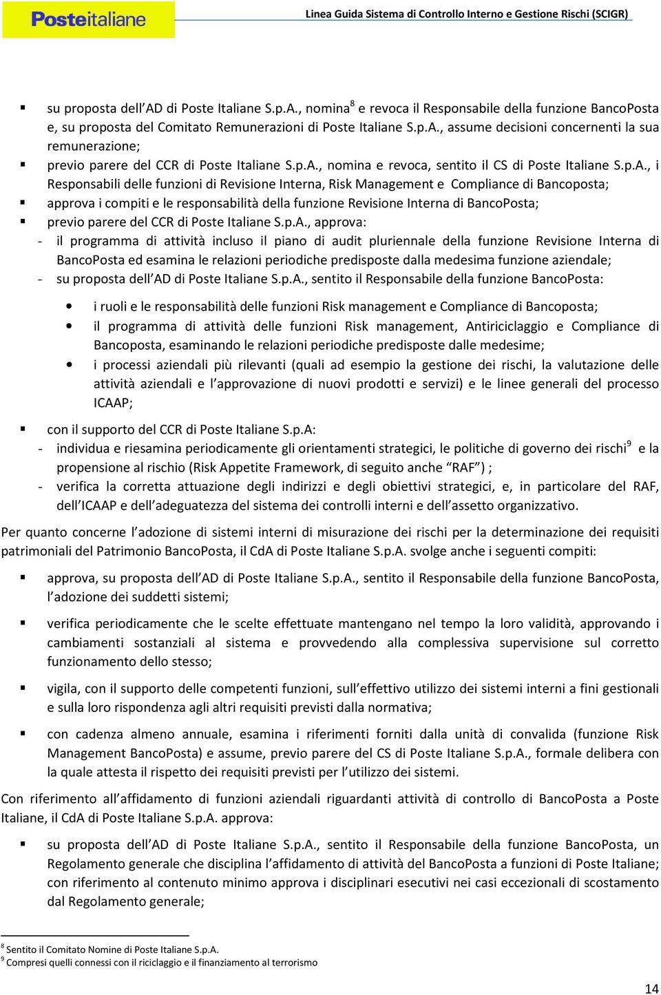 della funzione Revisione Interna di BancoPosta; previo parere del CCR di Poste Italiane S.p.A.