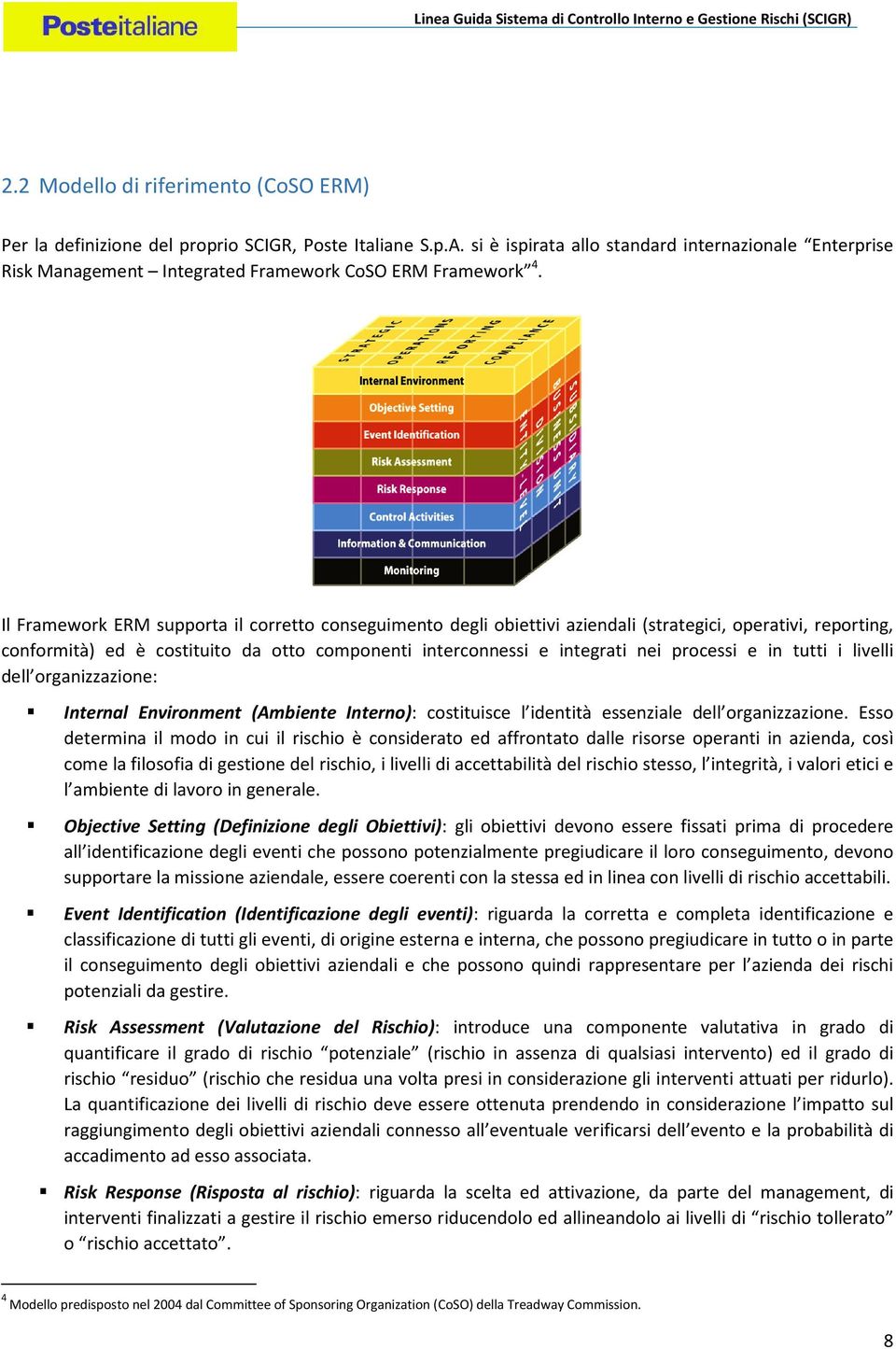 Il Framework ERM supporta il corretto conseguimento degli obiettivi aziendali (strategici, operativi, reporting, conformità) ed è costituito da otto componenti interconnessi e integrati nei processi