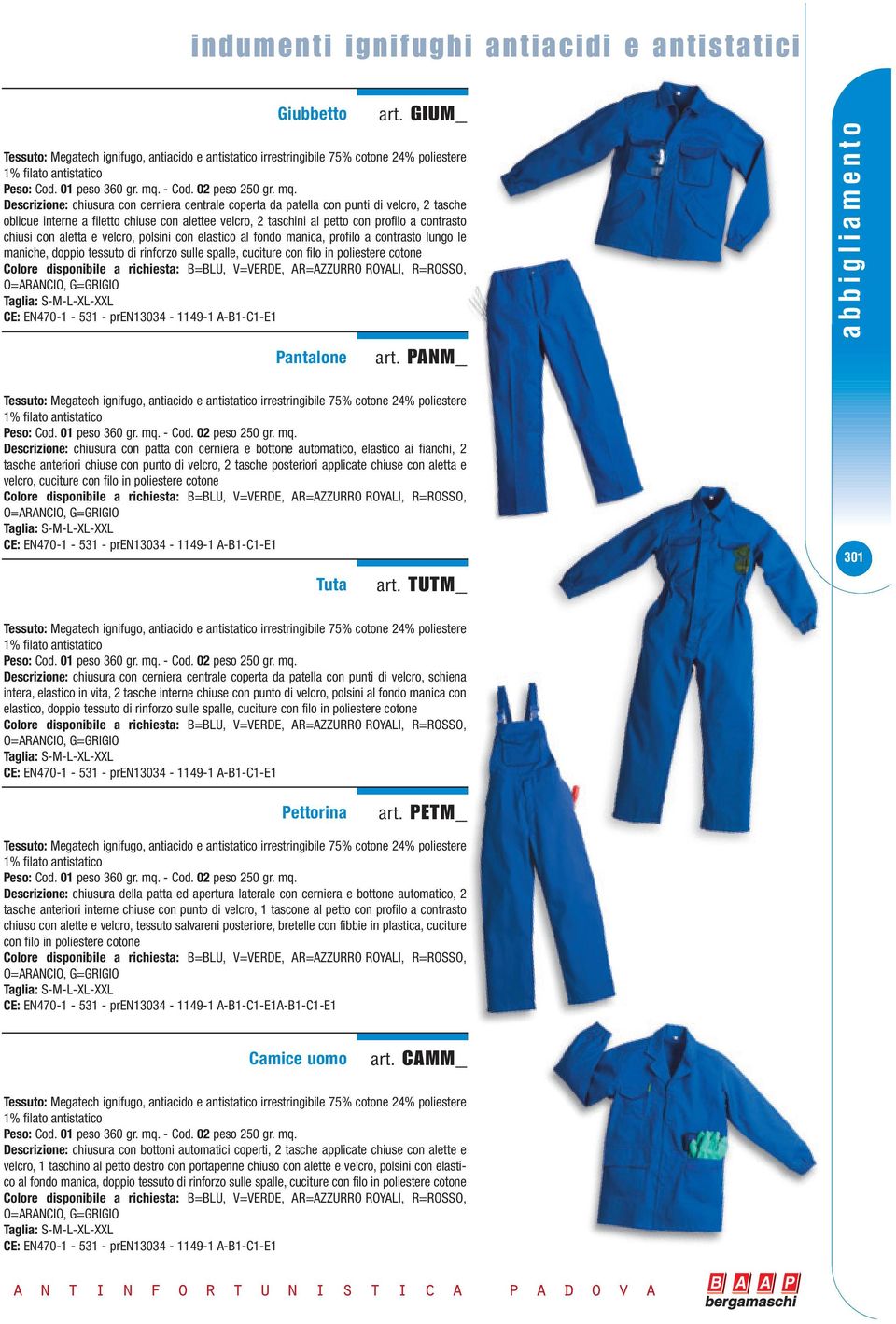 Descrizione: chiusura con cerniera centrale coperta da patella con punti di velcro, 2 tasche oblicue interne a filetto chiuse con alettee velcro, 2 taschini al petto con profilo a contrasto chiusi