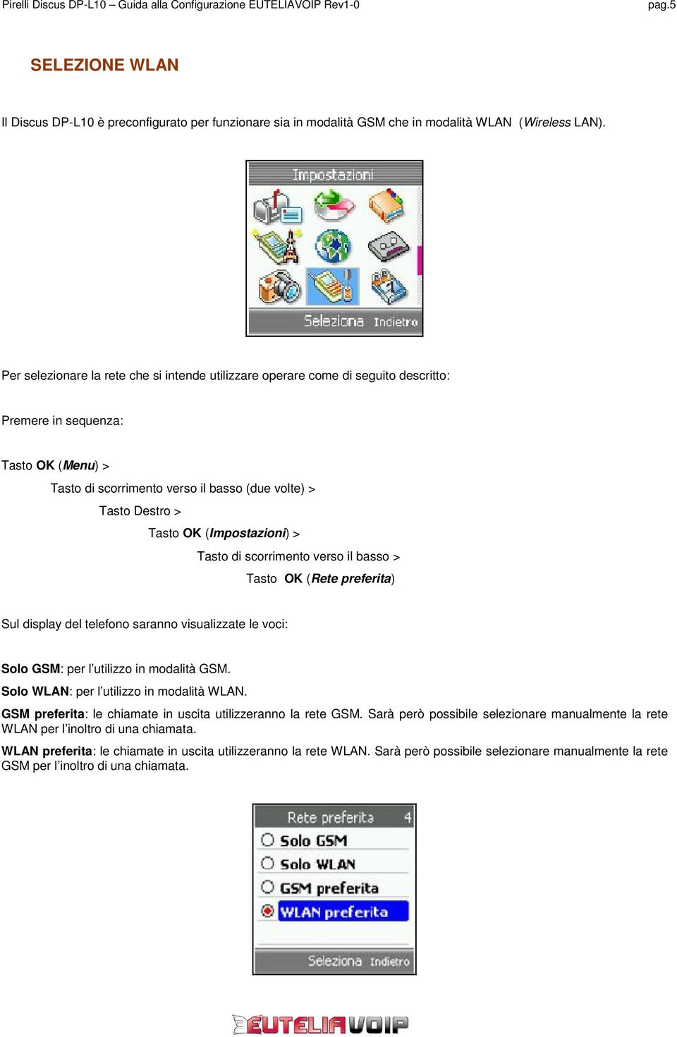 (Impostazioni) > Tasto di scorrimento verso il basso > Tasto OK (Rete preferita) Sul display del telefono saranno visualizzate le voci: Solo GSM: per l utilizzo in modalità GSM.