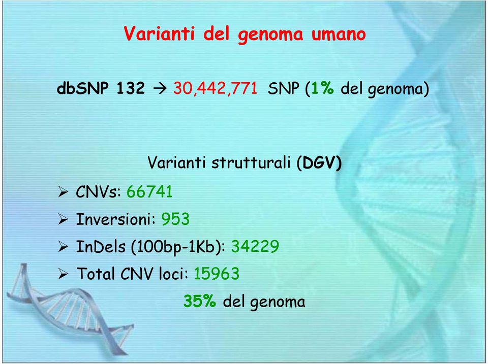 strutturali (DGV) CNVs: 66741 Inversioni: 953