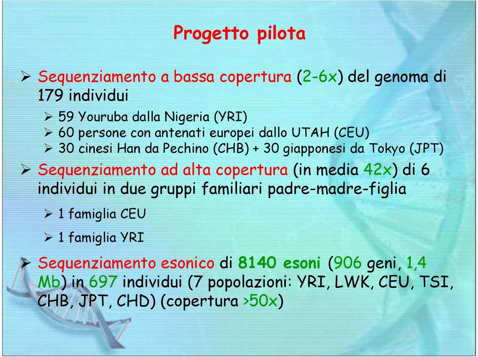 copertura (in media 42x) di 6 individui in due gruppi familiari padre-madre-figlia 1 famiglia CEU 1 famiglia YRI