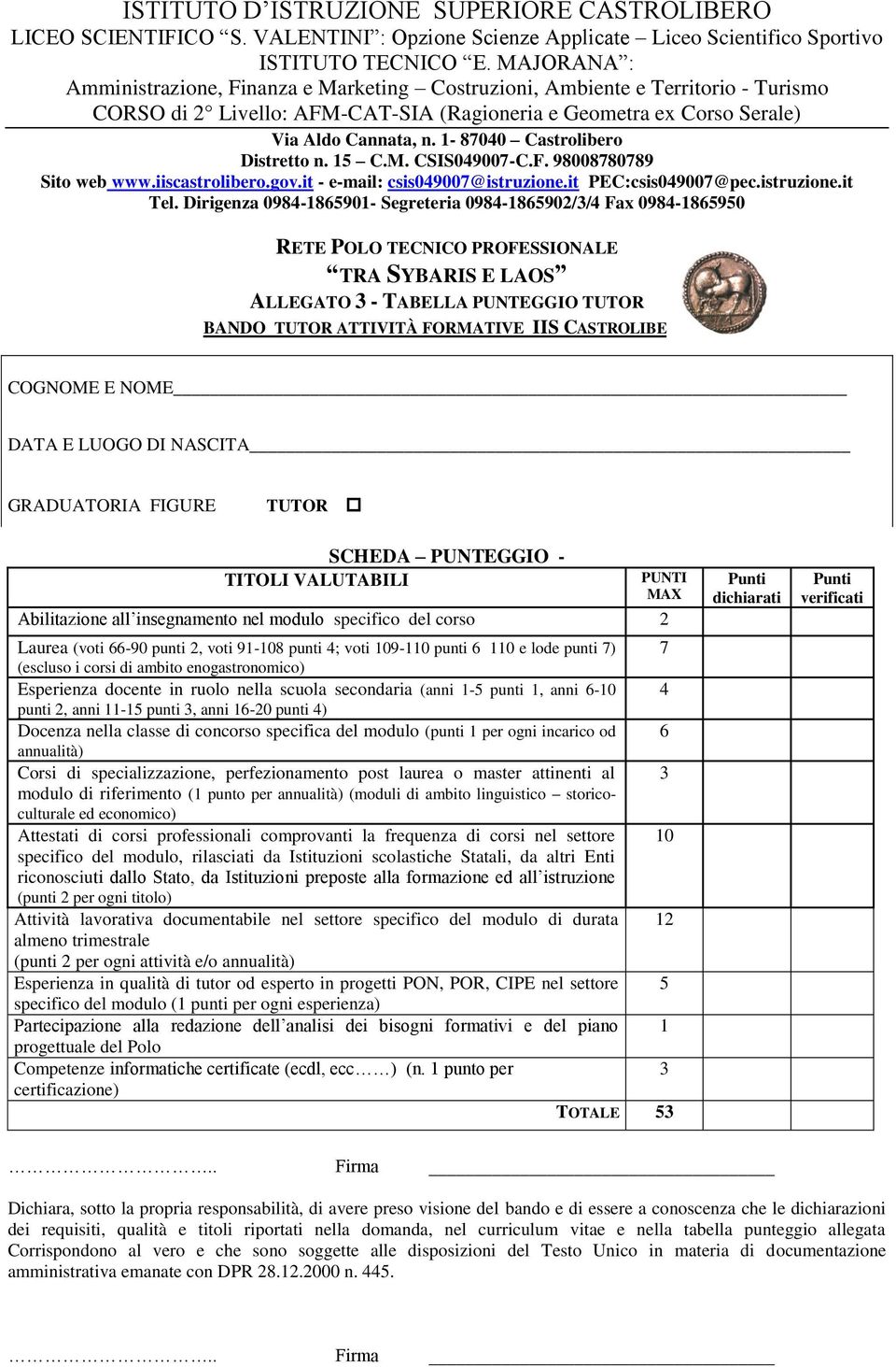 1-87040 Castrolibero Distretto n. 15 C.M. CSIS049007-C.F. 98008780789 Sito web www.iiscastrolibero.gov.it - e-mail: csis049007@istruzione.it PEC:csis049007@pec.istruzione.it Tel.