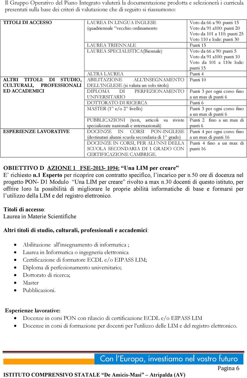 ABILITAZIONE ALL INSEGNAMENTO Punti 10 CULTURALI, PROFESSIONALI DELL INGLESE (si valuta un solo titolo) DIPLOMA DI PERFEZIONAMENTO Punti 3 per ogni corso fino a un max di Punti 3 per ogni corso fino