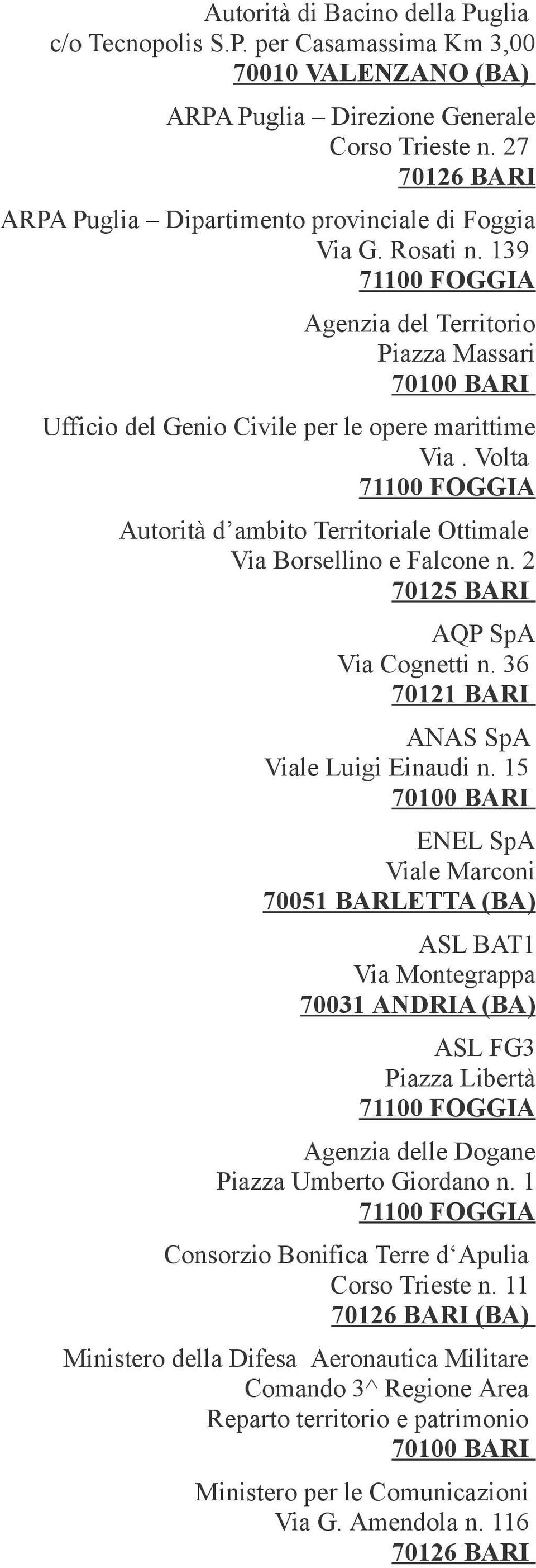 Volta Autorità d ambito Territoriale Ottimale Via Borsellino e Falcone n. 2 70125 BARI AQP SpA Via Cognetti n. 36 70121 BARI ANAS SpA Viale Luigi Einaudi n.