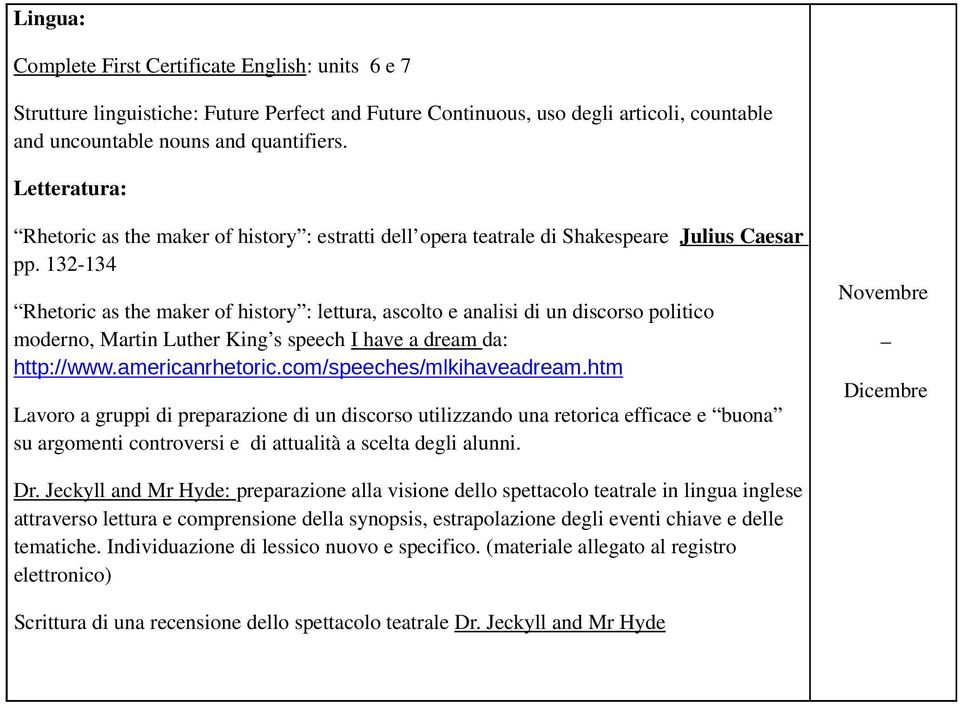 132-134 Rhetoric as the maker of history : lettura, ascolto e analisi di un discorso politico moderno, Martin Luther King s speech I have a dream da: http://www.americanrhetoric.