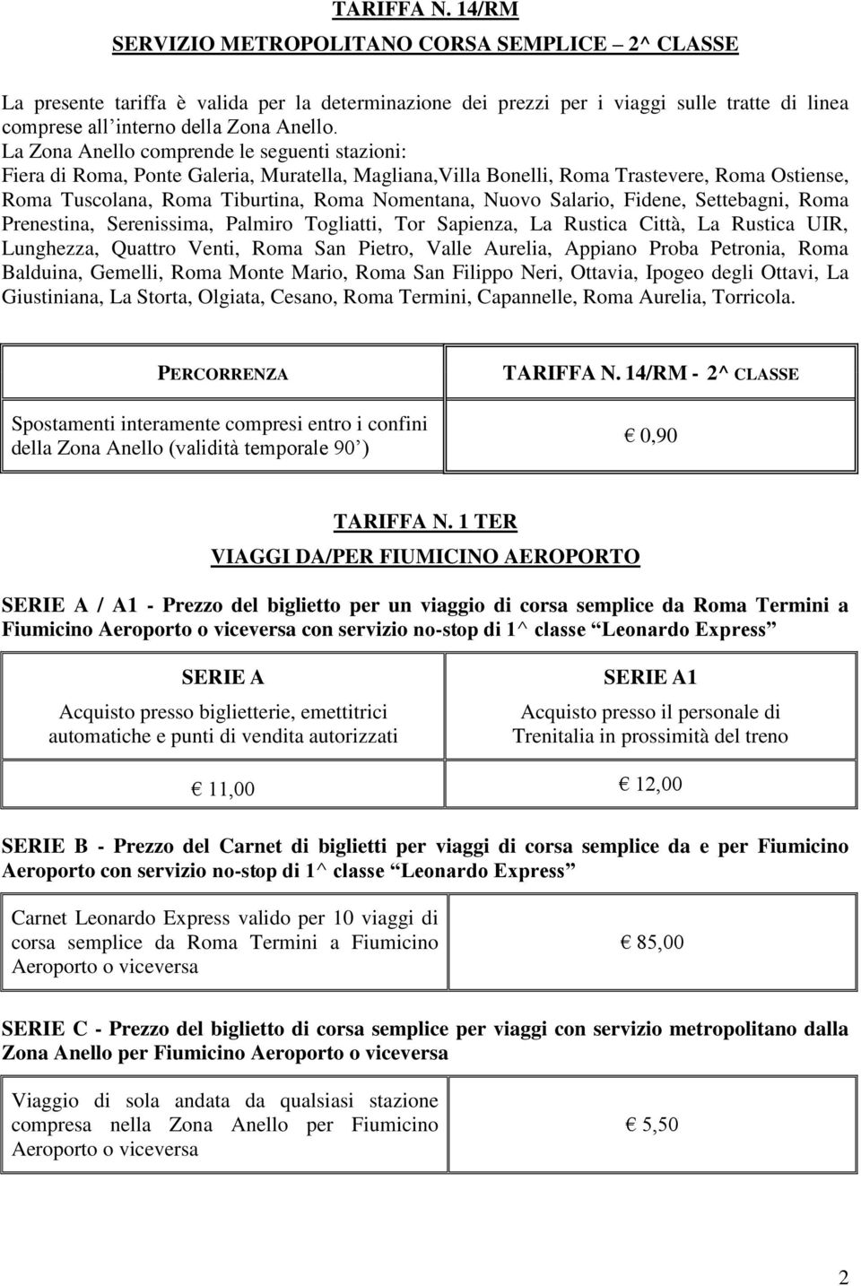 La Zona Anello comprende le seguenti stazioni: Fiera di Roma, Ponte Galeria, Muratella, Magliana,Villa Bonelli, Roma Trastevere, Roma Ostiense, Roma Tuscolana, Roma Tiburtina, Roma Nomentana, Nuovo