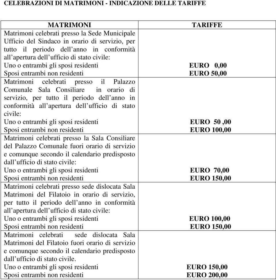 di stato civile: Matrimoni celebrati presso la Sala Consiliare del Palazzo Comunale fuori orario di servizio e comunque secondo il calendario predisposto dall ufficio di stato civile: Matrimoni