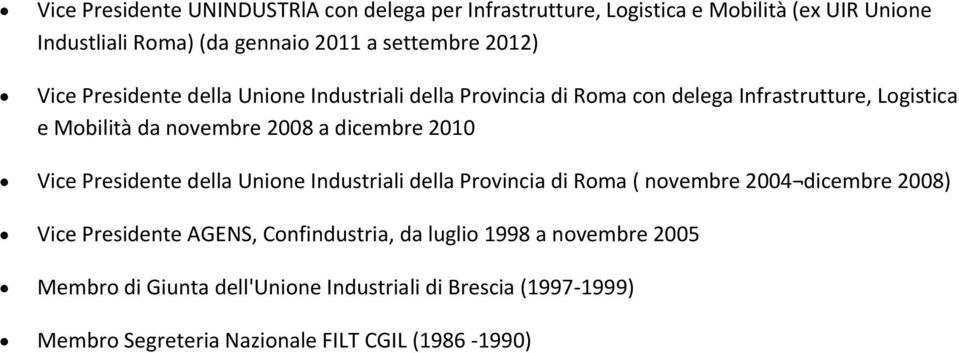dicembre 2010 Vice Presidente della Unione Industriali della Provincia di Roma ( novembre 2004 dicembre 2008) Vice Presidente AGENS,