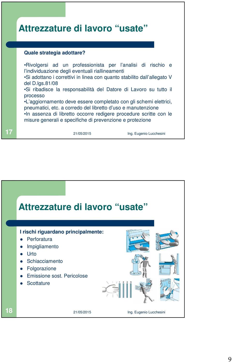 lgs.81/08 Si ribadisce la responsabilità del Datore di Lavoro su tutto il processo L aggiornamento deve essere completato con gli schemi elettrici, pneumatici, etc.