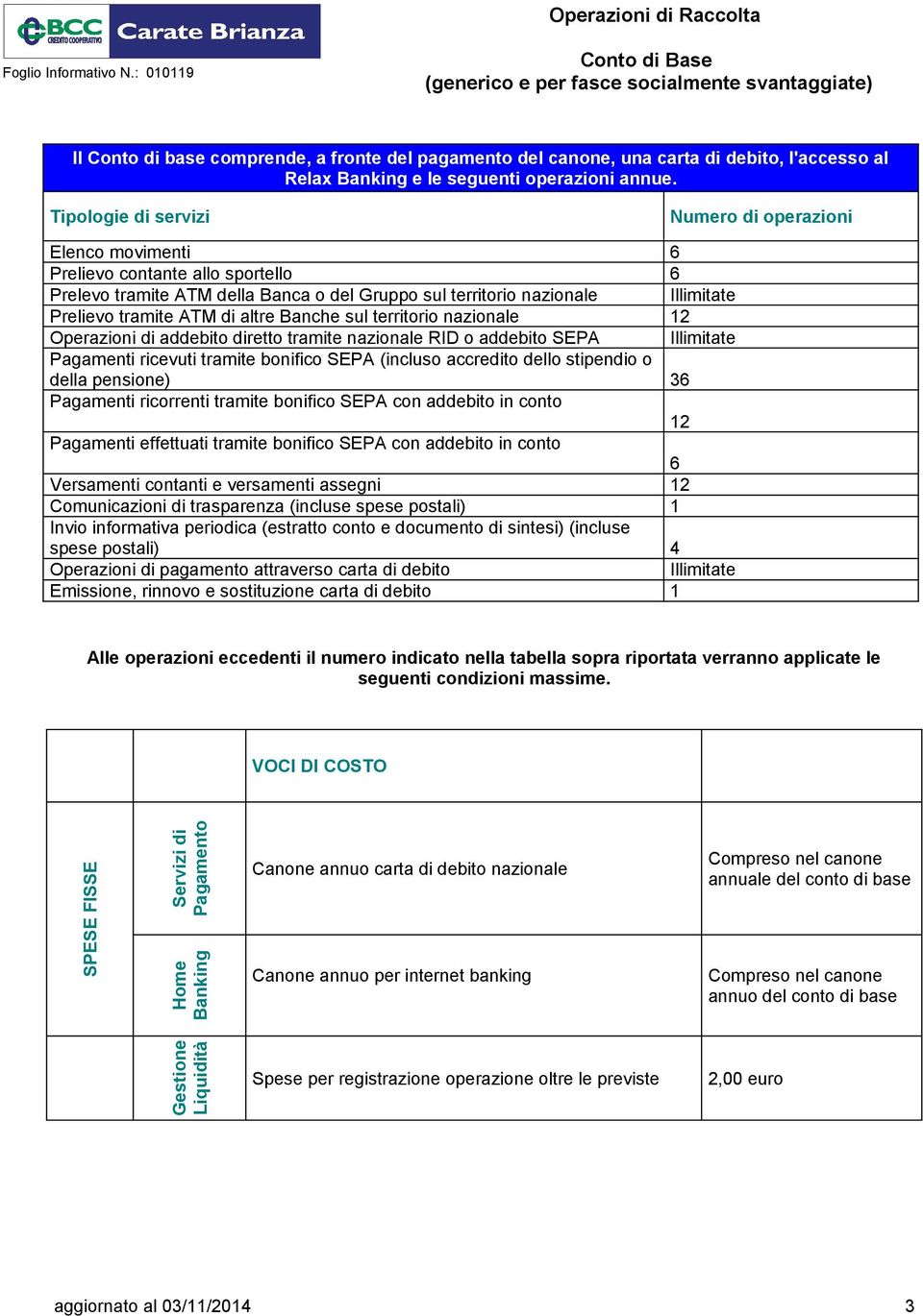 di altre Banche sul territorio nazionale 12 Operazioni di addebito diretto tramite nazionale RID o addebito SEPA Illimitate Pagamenti ricevuti tramite bonifico SEPA (incluso accredito dello stipendio