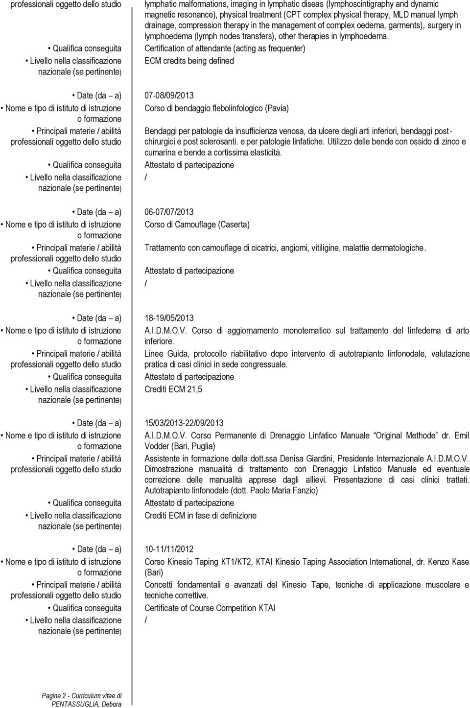 Certification of attendante (acting as frequenter) ECM credits being defined Date (da a) 07-08/09/2013 Corso di bendaggio flebolinfologico (Pavia) Bendaggi per patologie da insufficienza venosa, da