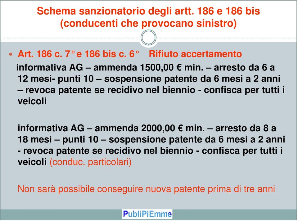 arresto da 6 a 12 mesi- punti 10 sospensione patente da 6 mesi a 2 anni revoca patente se recidivo nel biennio - confisca per tutti i veicoli