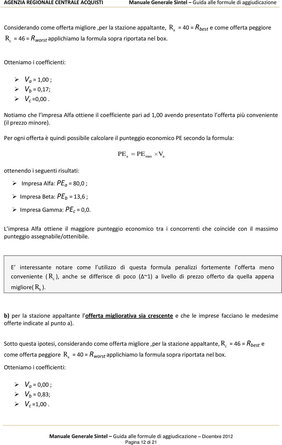 Notimo che l impres Alf ottiene il coefficiente pri d 1,00 vendo presentto l offert più conveniente (il prezzo minore).