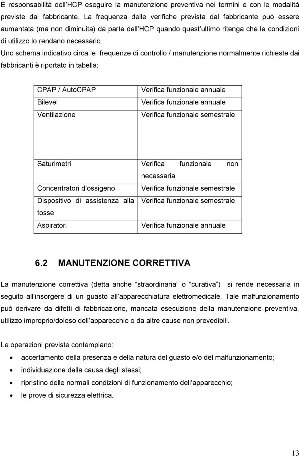 Uno schema indicativo circa le frequenze di controllo / manutenzione normalmente richieste dai fabbricanti è riportato in tabella: CPAP / AutoCPAP Bilevel Ventilazione Verifica funzionale annuale