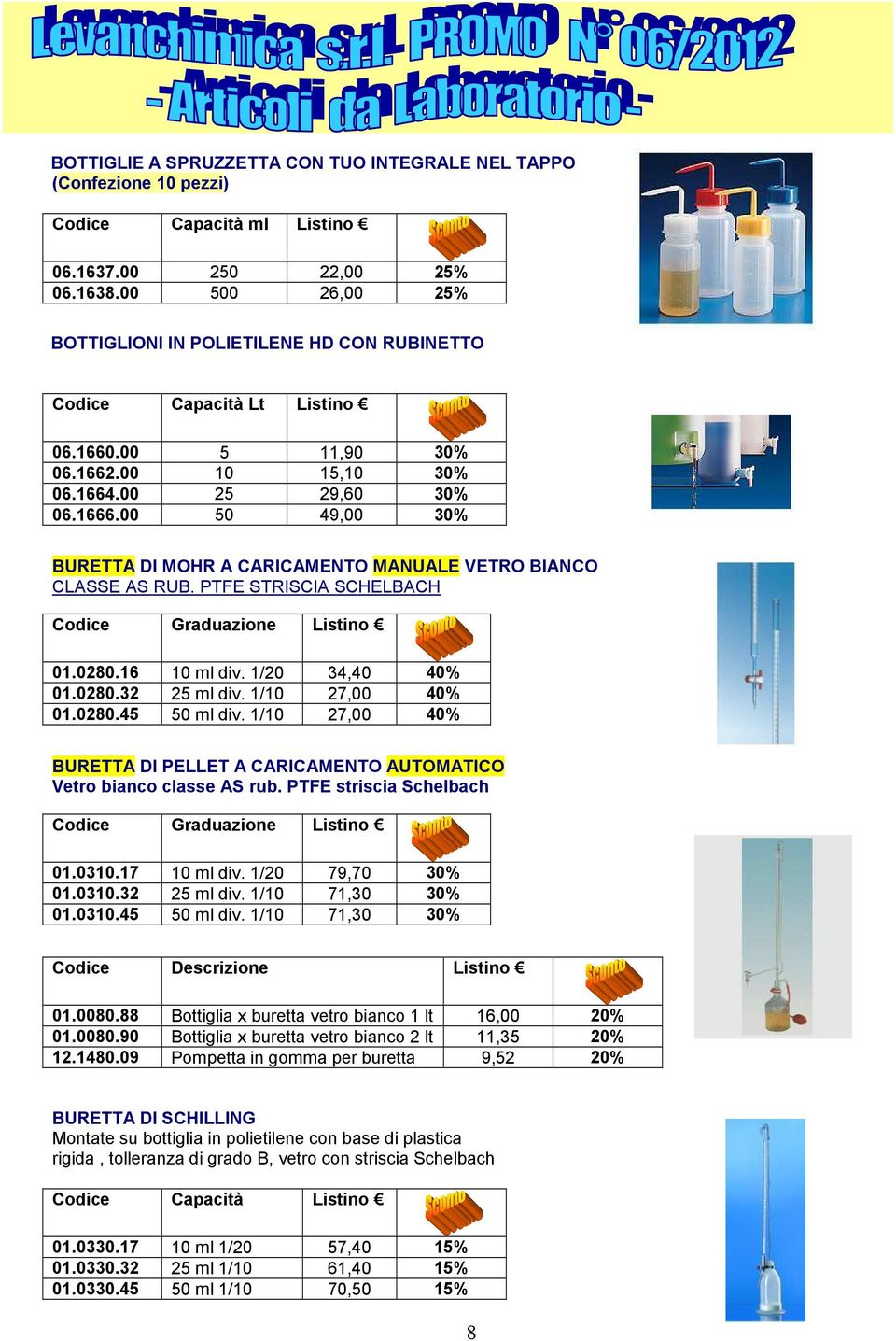 1/20 34,40 40% 01.0280.32 25 ml div. 1/10 27,00 40% 01.0280.45 50 ml div. 1/10 27,00 40% BURETTA DI PELLET A CARICAMENTO AUTOMATICO Vetro bianco classe AS rub. PTFE striscia Schelbach Graduazione 01.