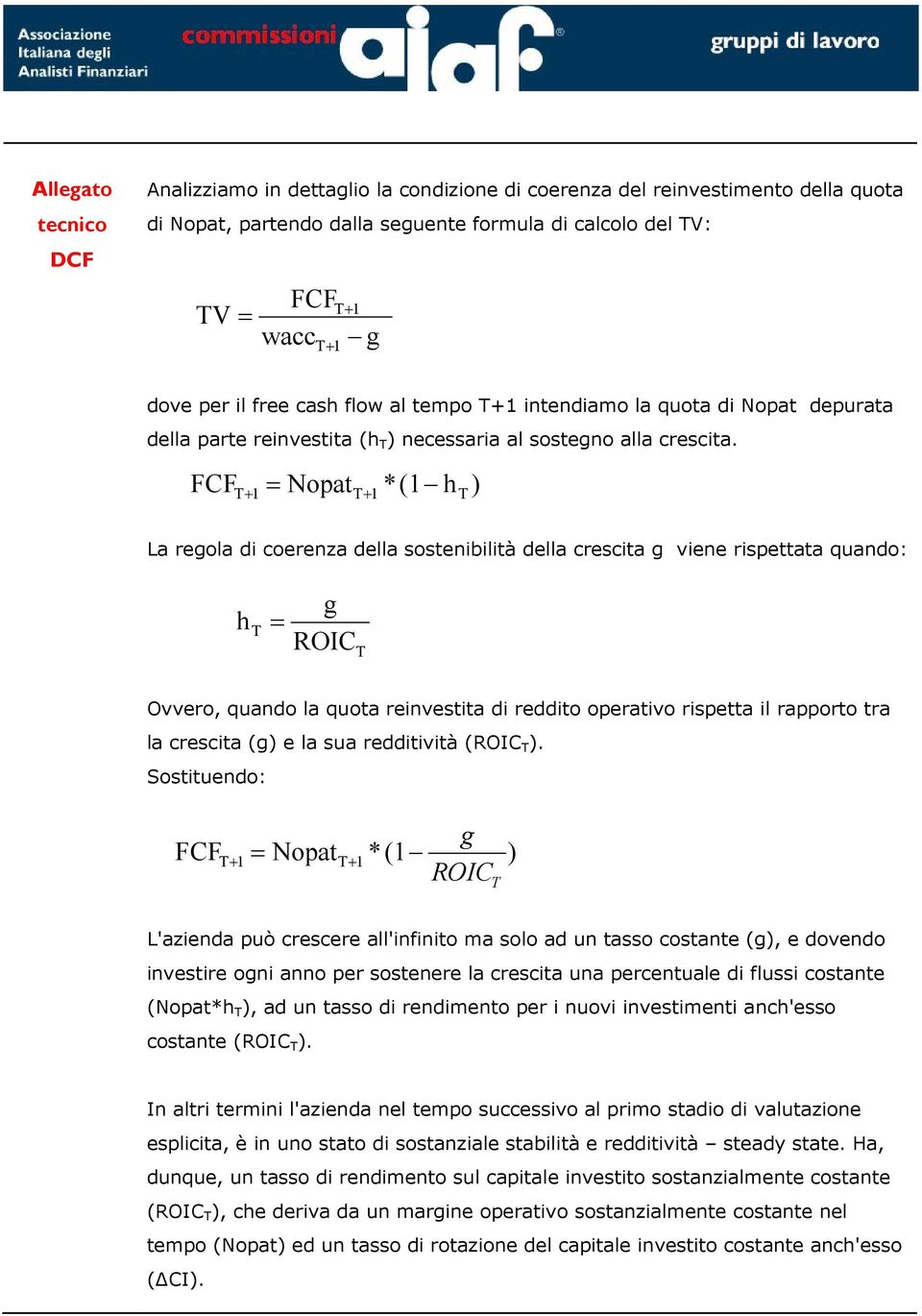 FCF + Nopat+ *( h ) La reola di coerenza della sostenibilità della crescita viene rispettata quando: h ROIC Ovvero, quando la quota reinvestita di reddito operativo rispetta il rapporto tra la