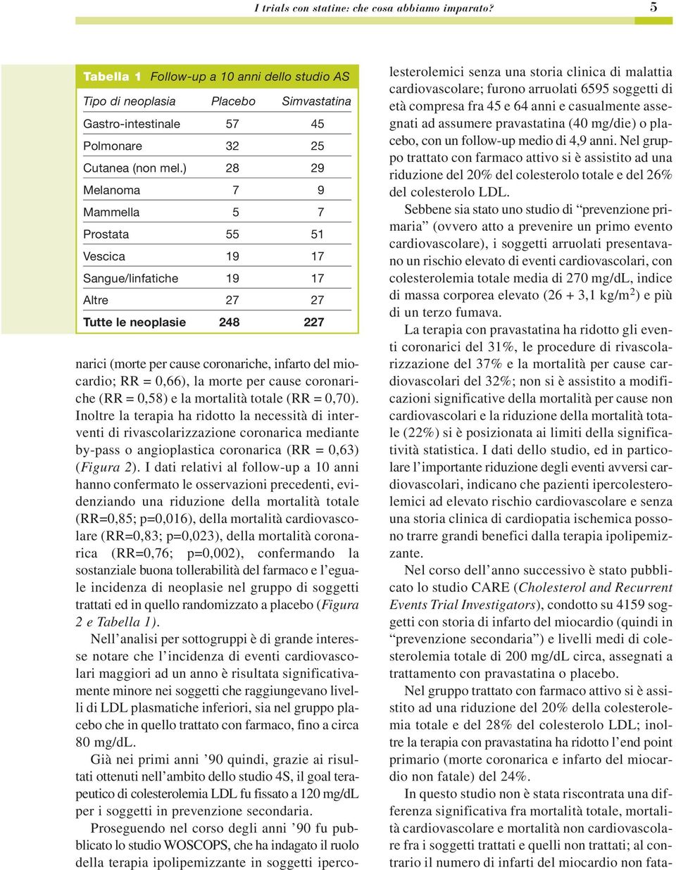 morte per cause coronariche (RR =,58) e la mortalità totale (RR =,7).