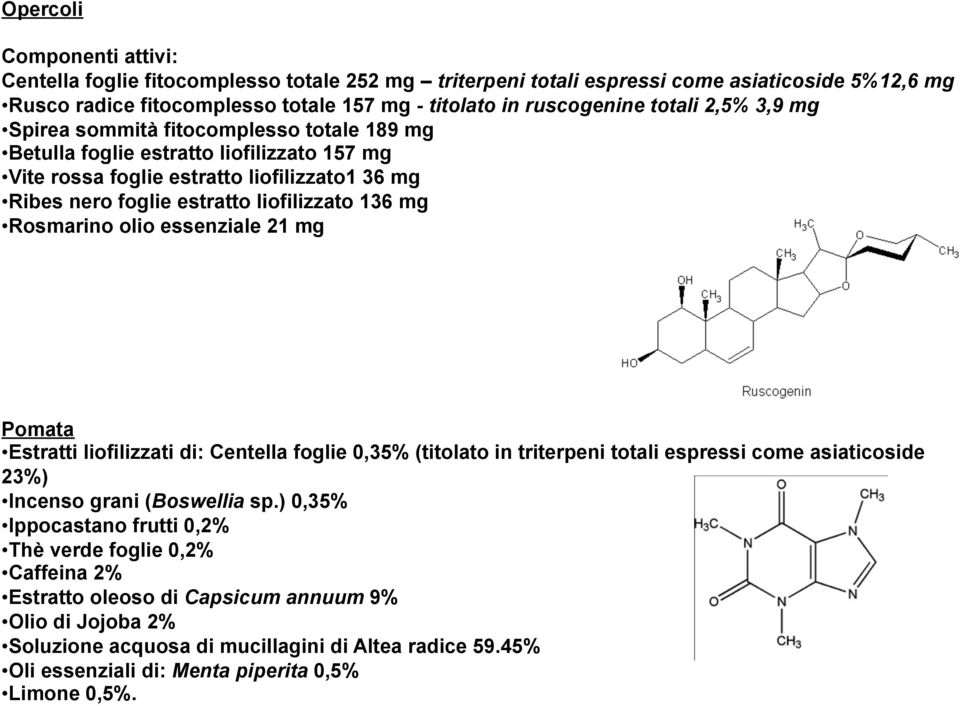 Rosmarino olio essenziale 21 mg Pomata Estratti liofilizzati di: Centella foglie 0,35% (titolato in triterpeni totali espressi come asiaticoside 23%) Incenso grani (Boswellia sp.