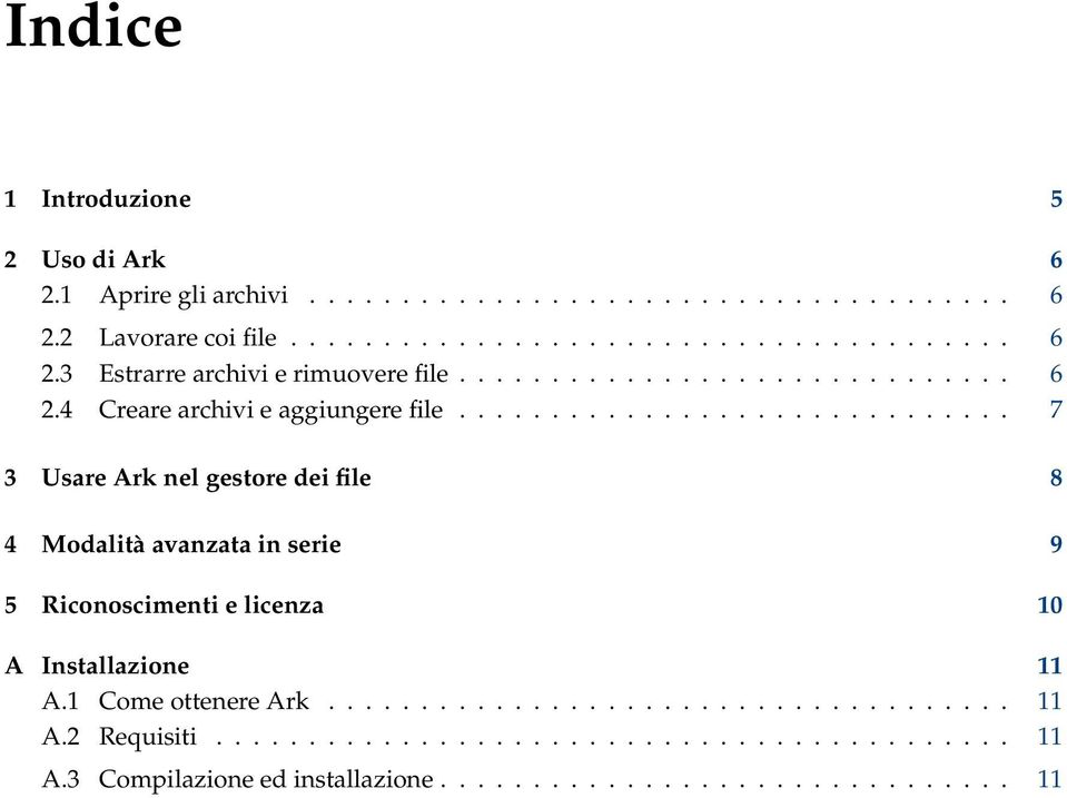 ............................. 7 3 Usare Ark nel gestore dei file 8 4 Modalità avanzata in serie 9 5 Riconoscimenti e licenza 10 A Installazione 11 A.