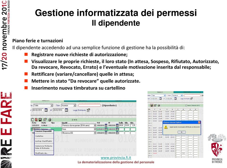 attesa, Sospeso, Rifiutato, Autorizzato, Da revocare, Revocato, Errato) e l eventuale motivazione inserita dal responsabile;