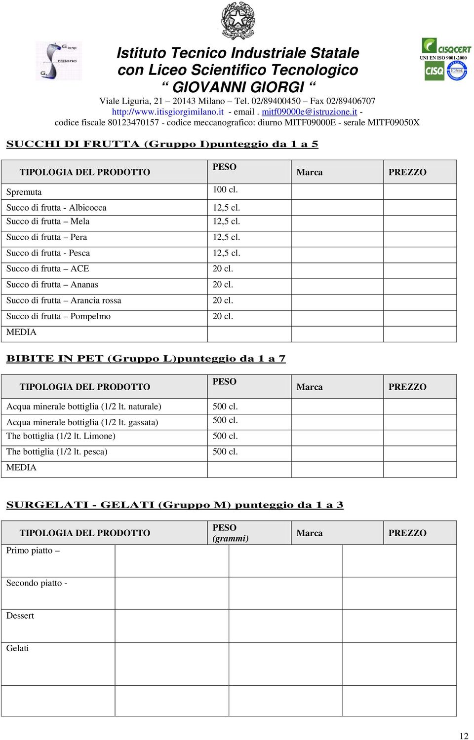 BIBITE IN PET (Gruppo L)punteggio da 1 a 7 Acqua minerale bottiglia (1/2 lt. naturale) 500 cl. Acqua minerale bottiglia (1/2 lt. gassata) 500 cl.