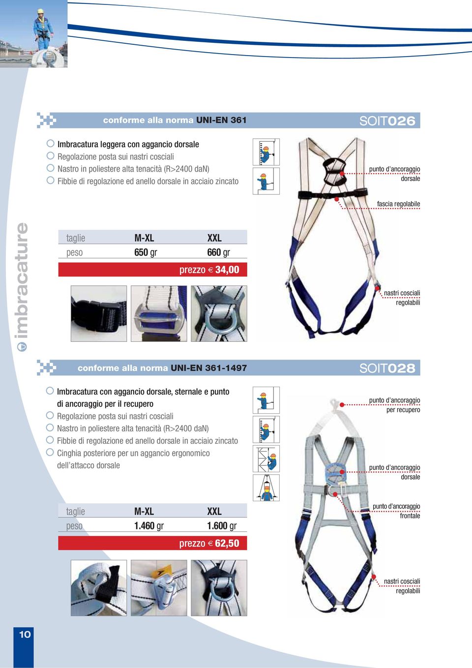 Imbracatura con aggancio dorsale, sternale e punto di ancoraggio per il recupero Regolazione posta sui nastri cosciali Nastro in poliestere alta tenacità (R>2400 dan) Fibbie di regolazione ed anello