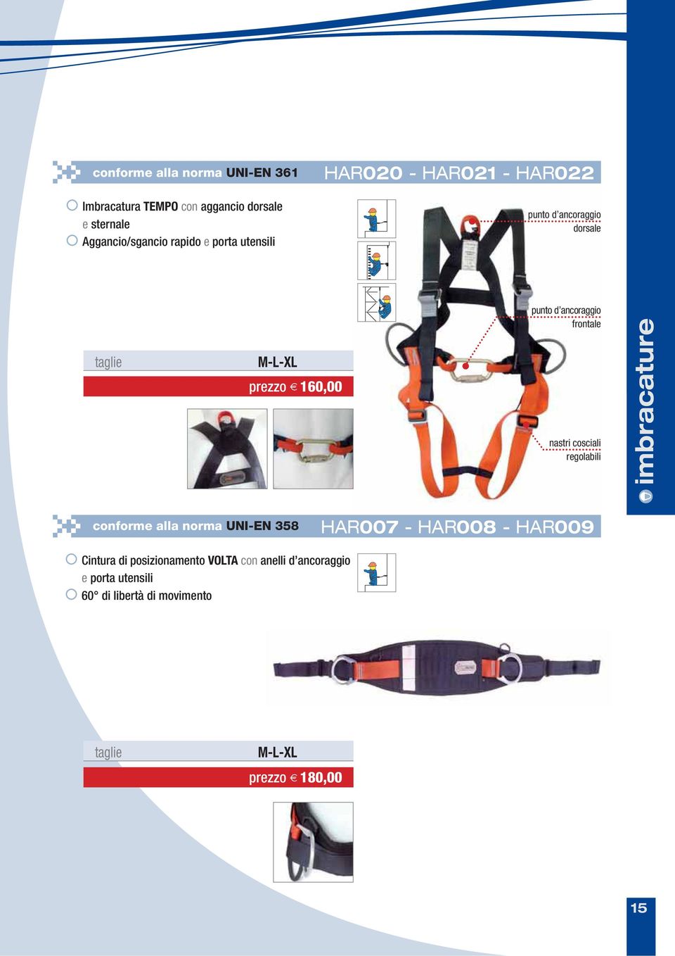 frontale nastri cosciali regolabili imbracature conforme alla norma UNI-EN 358 HAR007 - HAR008 - HAR009 Cintura