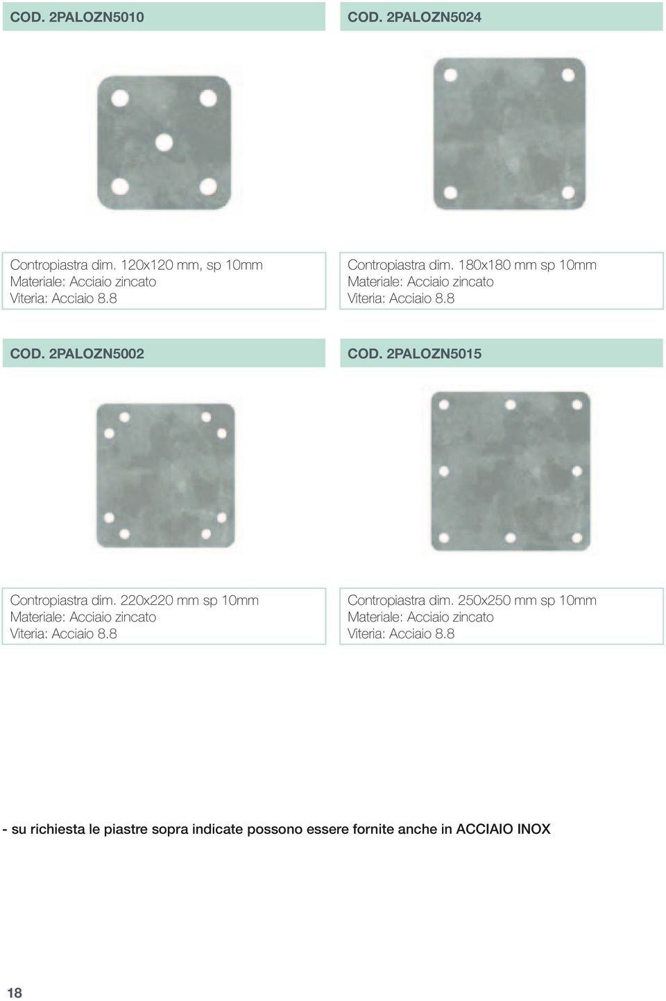 2PALOZN5015 Contropiastra dim. 220x220 mm sp 10mm Viteria: Acciaio 8.8 Contropiastra dim.