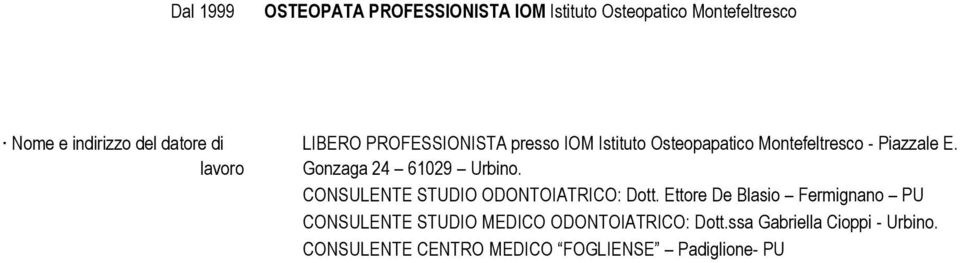 Gonzaga 24 61029 Urbino. CONSULENTE STUDIO ODONTOIATRICO: Dott.