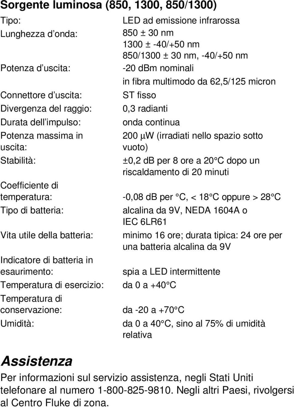 spazio sotto vuoto) ±0,2 db per 8 ore a 20 C dopo un riscaldamento di 20 minuti Coefficiente di temperatura: -0,08 db per C, < 18 C oppure > 28 C Tipo di batteria: alcalina da 9V, NEDA 1604A o IEC